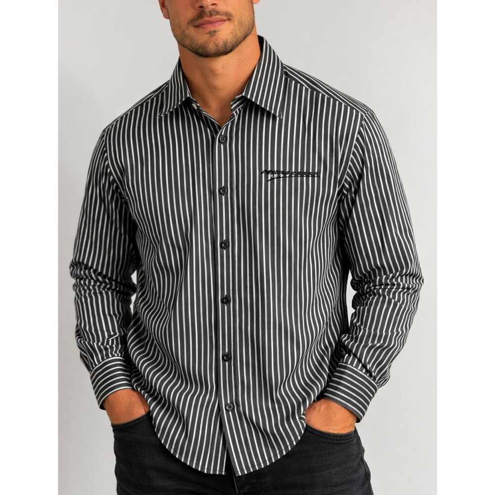 Gold Tri-Mountain Men’s Black Gray Striped Button Down Shirt Northrop Grumman M